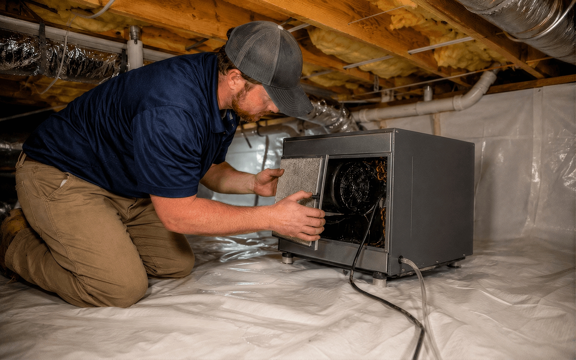 Technician performing maintenance on a crawlspace dehumidifier by removing and inspecting the air filter inside a clean, encapsulated crawlspace.