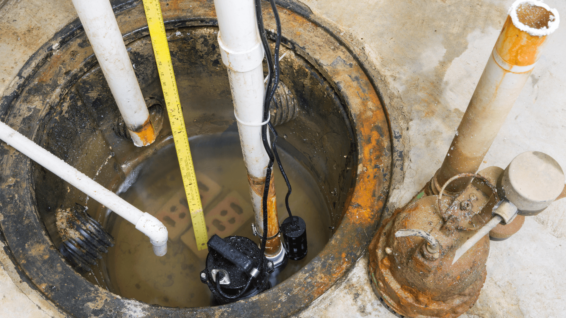 Open sump pump pit with standing water, pipes, electrical cords, measuring tape, and rusted plumbing components; gritty maintenance scene.