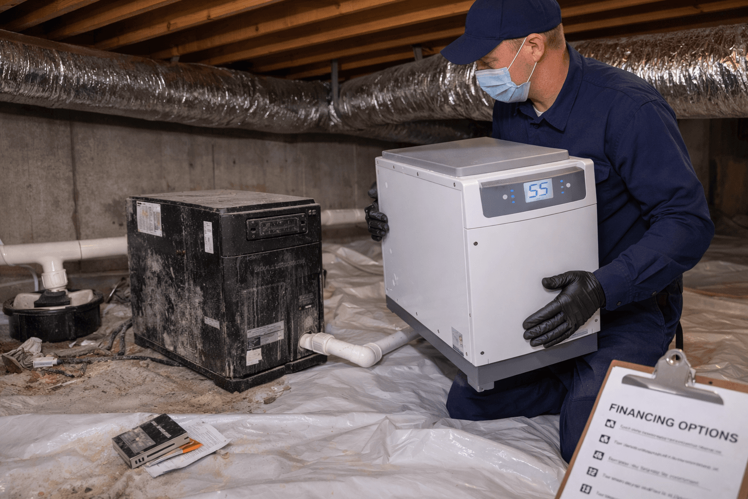 Masked technician carries a new dehumidifier through a damp basement beside an old unit, highlighting moisture control and financing options.