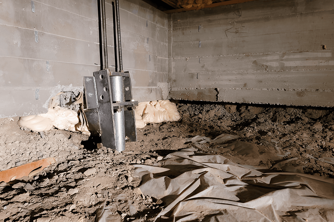 Foundation support pier installed beneath a concrete foundation wall in an unfinished crawlspace.