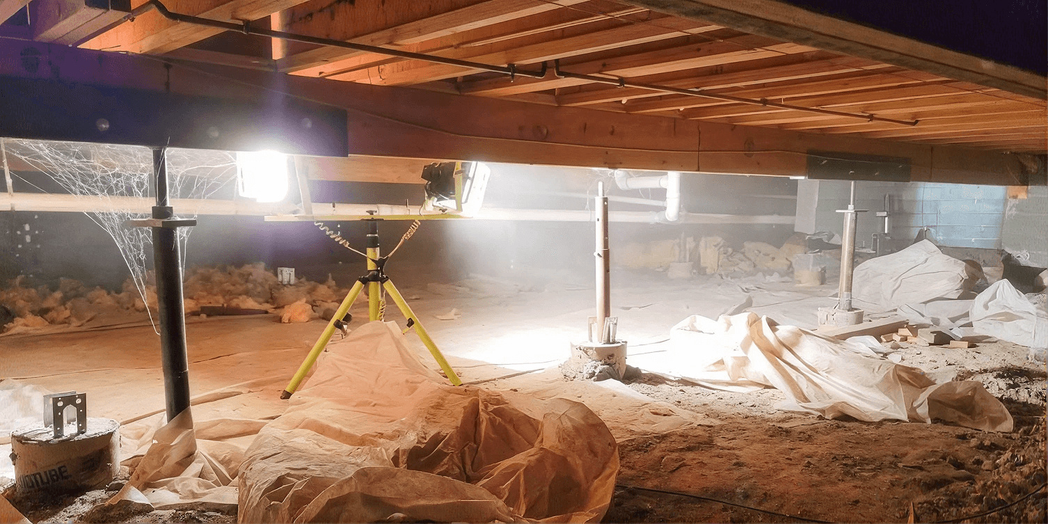 Crawl space undergoing foundation stabilization with multiple adjustable steel support jacks installed beneath wooden floor beams, exposed soil flooring, work lights, and construction materials visible during structural repair.