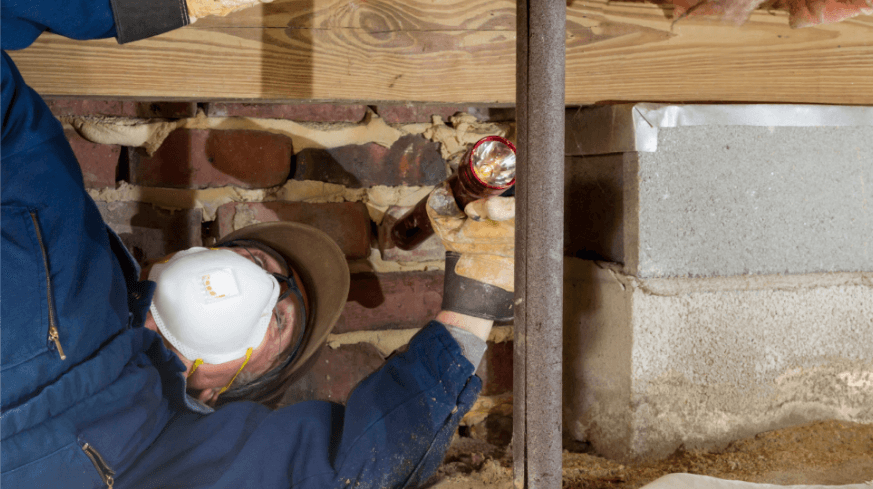 Construction worker in a hard hat inspects exposed brick and wood framing beneath a building, shining a flashlight in a dim crawlspace.